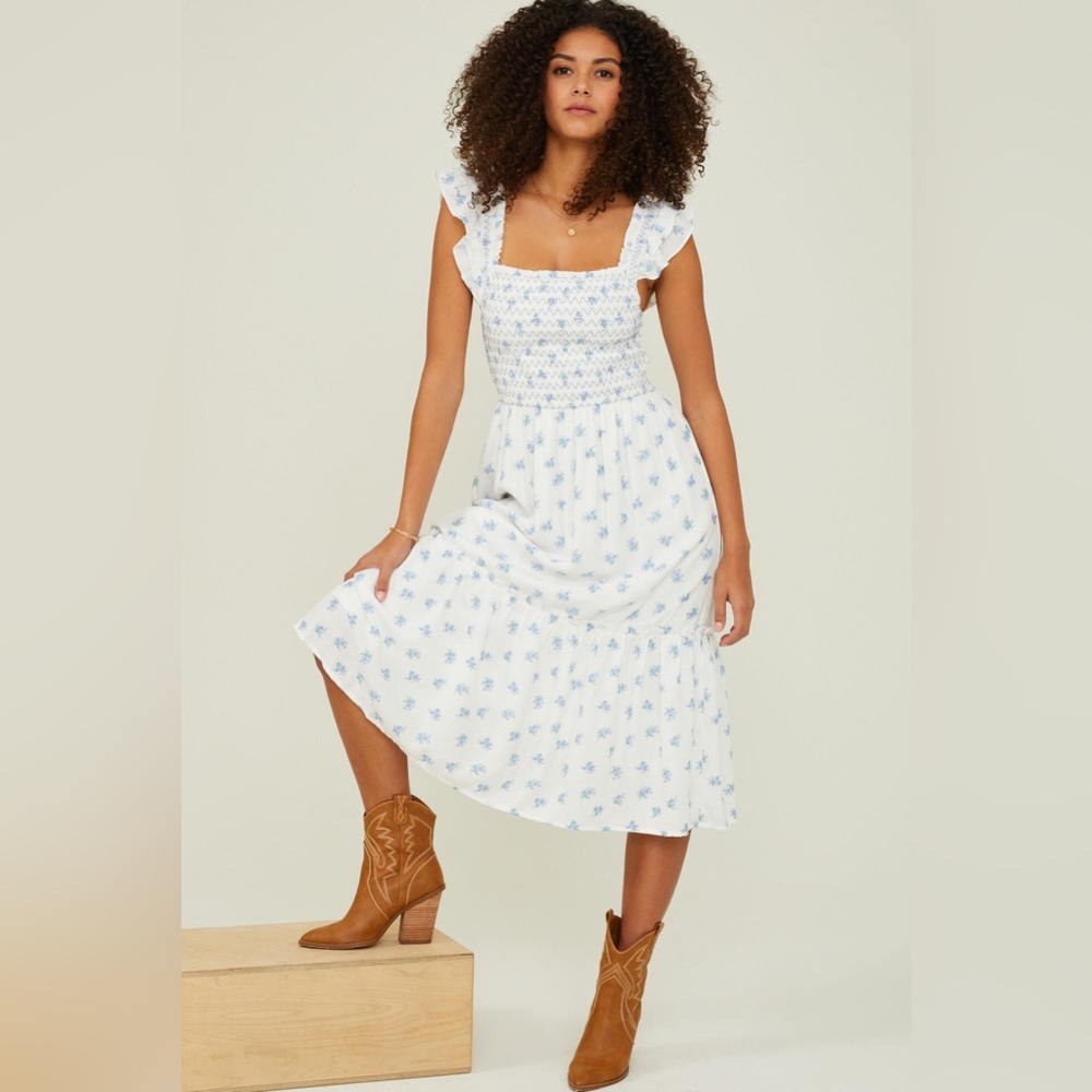 Altar'd State White Midi Dress with Blue Floral Pattern